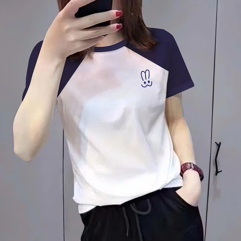 韩版2025新款拼接正肩短袖t恤女夏季显瘦百搭半袖撞色插肩上衣ins