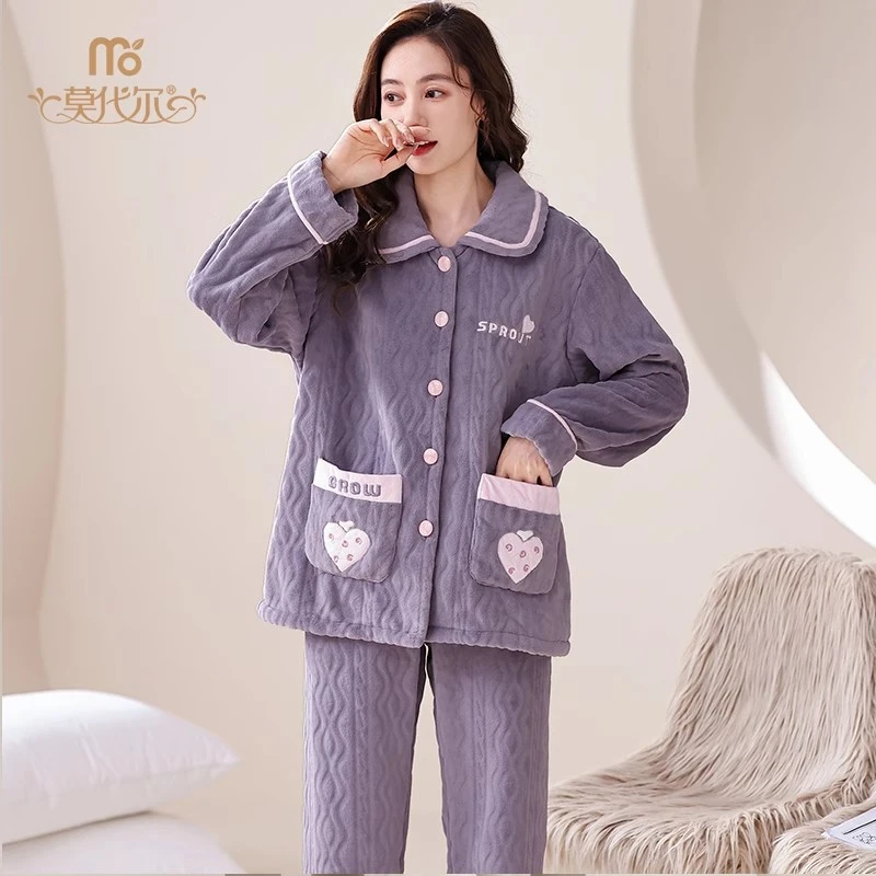 莫代尔珊瑚绒睡衣女秋冬季加绒加厚女士新款法兰绒保暖家居服套装