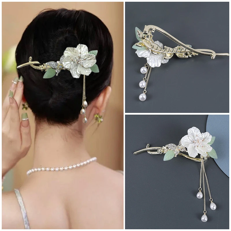 合金发饰 高级感花朵发夹古风头饰流苏扭扭夹盘发发饰汉服八字夹