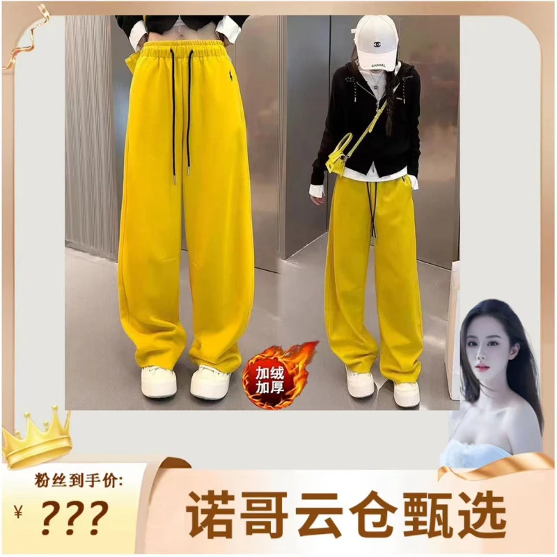 加绒加厚小马刺绣休闲裤女秋冬季2024新款高腰宽松显瘦百搭阔腿裤