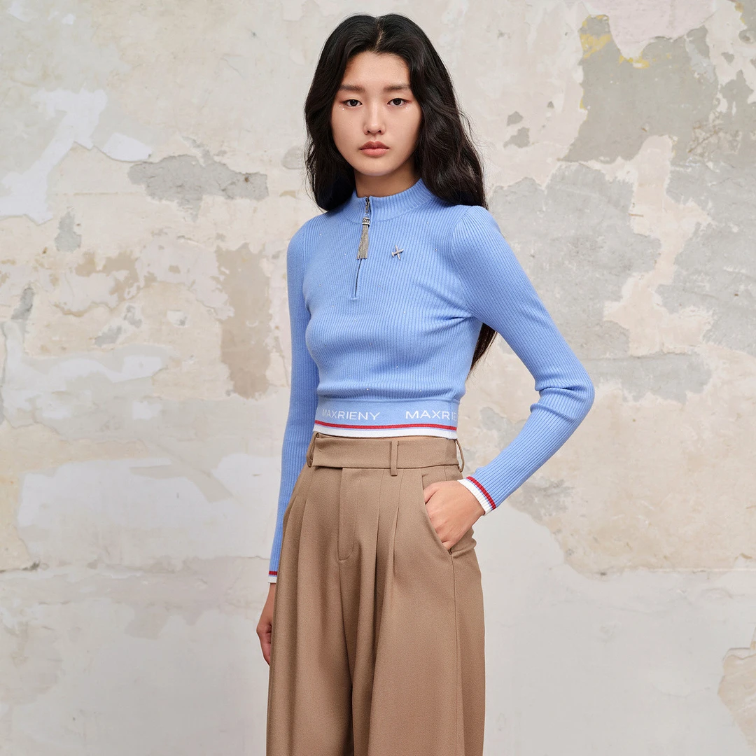 小立领拉链套头针织修身收腰上衣女