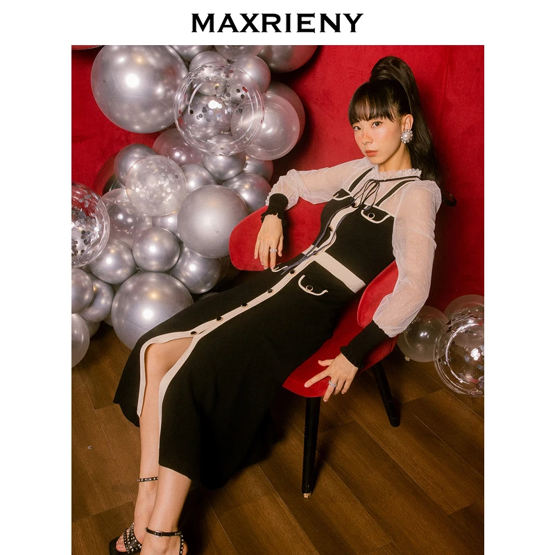 MAXRIENY赫拉小姐气质撞色一步裙2022秋季假两件吊带连衣裙设计感