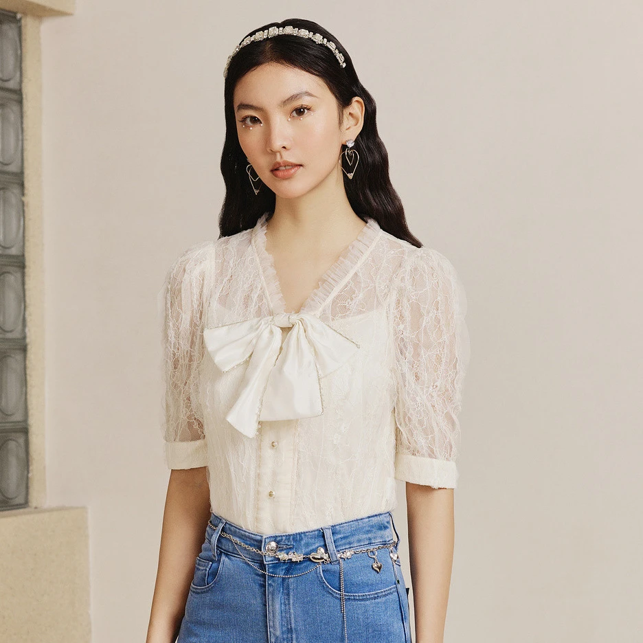 MAXRIENY仙美感立体蕾丝蝴蝶结衬衫上衣女2023春季新款精致感衬衣