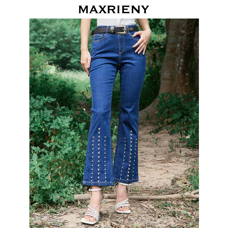 【商场同款】MAXRIENY2022时尚复古八分裤脚订钻喇叭牛仔裤