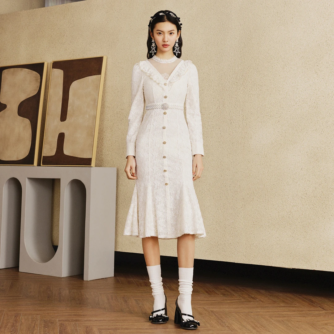 【波动心弦】MAXRIENY法式复古氛围感鱼尾裙修身V领蕾丝气质衬衫拼