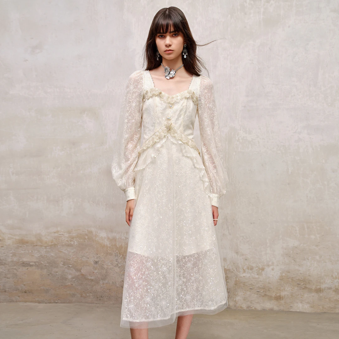 宫廷复古风荷叶边仙美气质衬衫拼接连衣裙早秋长裙订婚小白裙