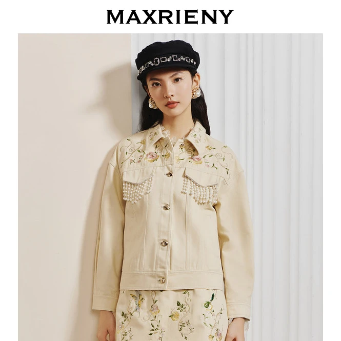 【商场同款】MAXRIENY鎏光花鸟珠片绣花牛仔外套复古感外衣女