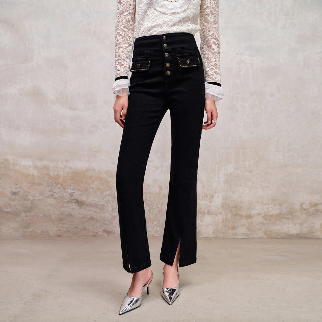 精致复古马蹄裤喇叭牛仔裤镶钻开衩高腰裤