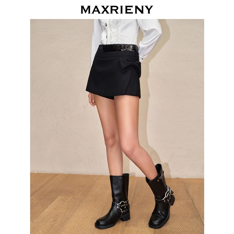 MAXRIENY心有花火率性复古双腰头拼接亮片低腰式裙裤短裤