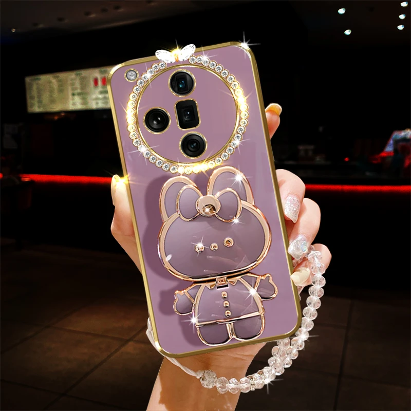 明成宇oppo findx7手机壳PHZ110镶钻镜子小兔子支架时尚奢华新品