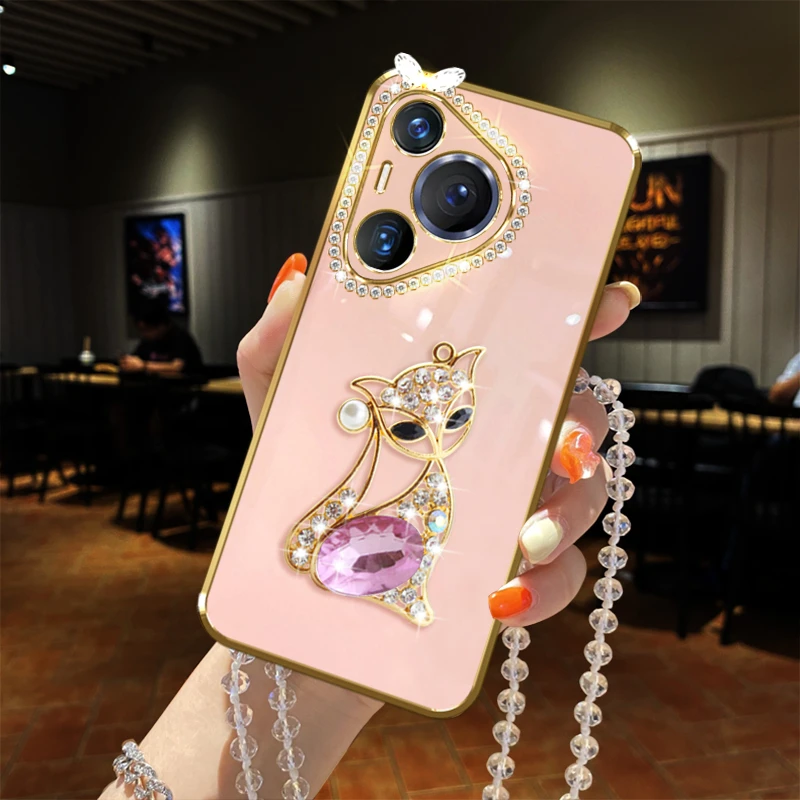 华为pura70手机壳宝石狐狸镶钻防摔女款包边新品个性奢华软壳时尚