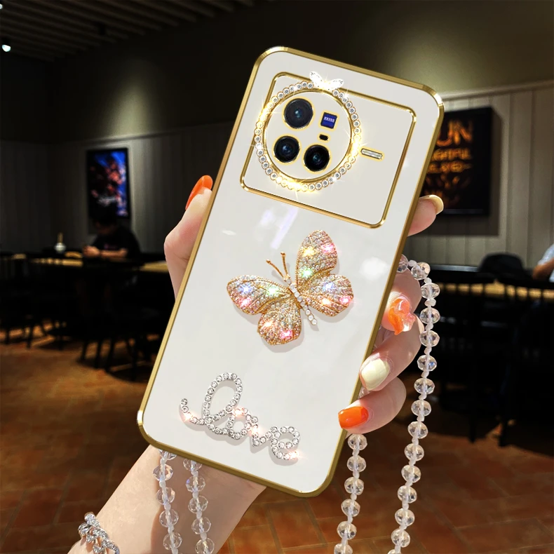 vivo x80手机壳V2183A蝴蝶5G镶钻防摔女款保护套镜头全包直边时尚