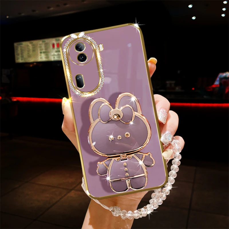 oppo reno11手机壳PJH110镶钻镜子支架防摔保护套小兔女款软胶新