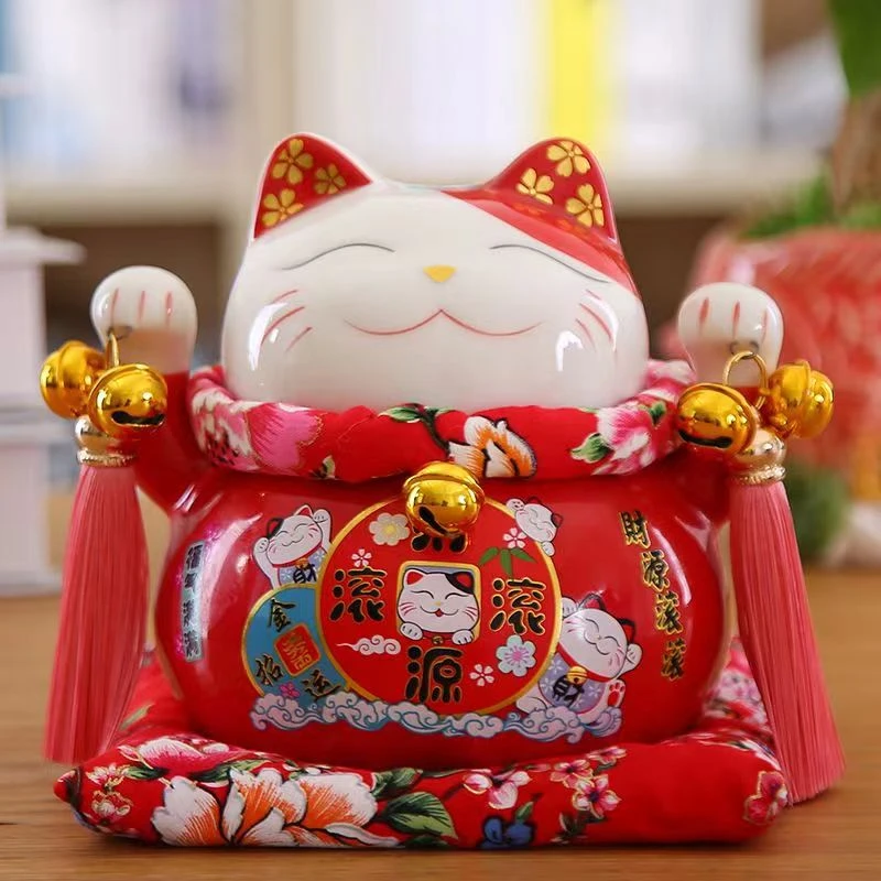 6寸喜庆财源滚滚陶瓷红色招财猫家居玄关装饰店铺开业送礼储蓄罐
