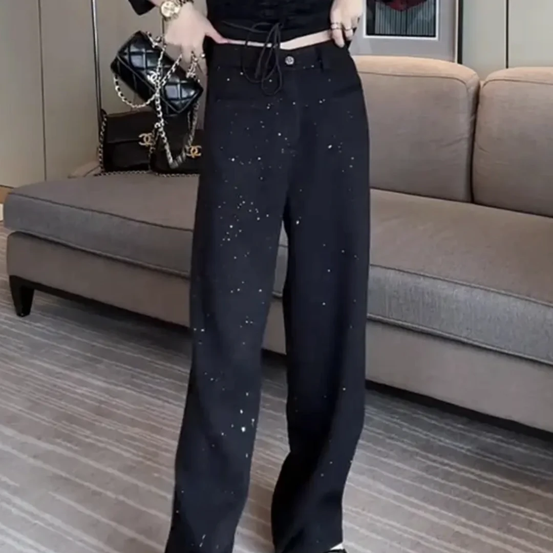 秋冬高腰微胖显瘦直筒阔腿星空拖地休闲长裤女毛呢裤气质轻奢宽松