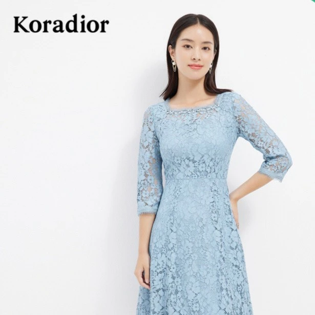 【珂莱蒂尔Koradior】蓝色蕾丝连衣裙收腰休闲气质裙子KF07153