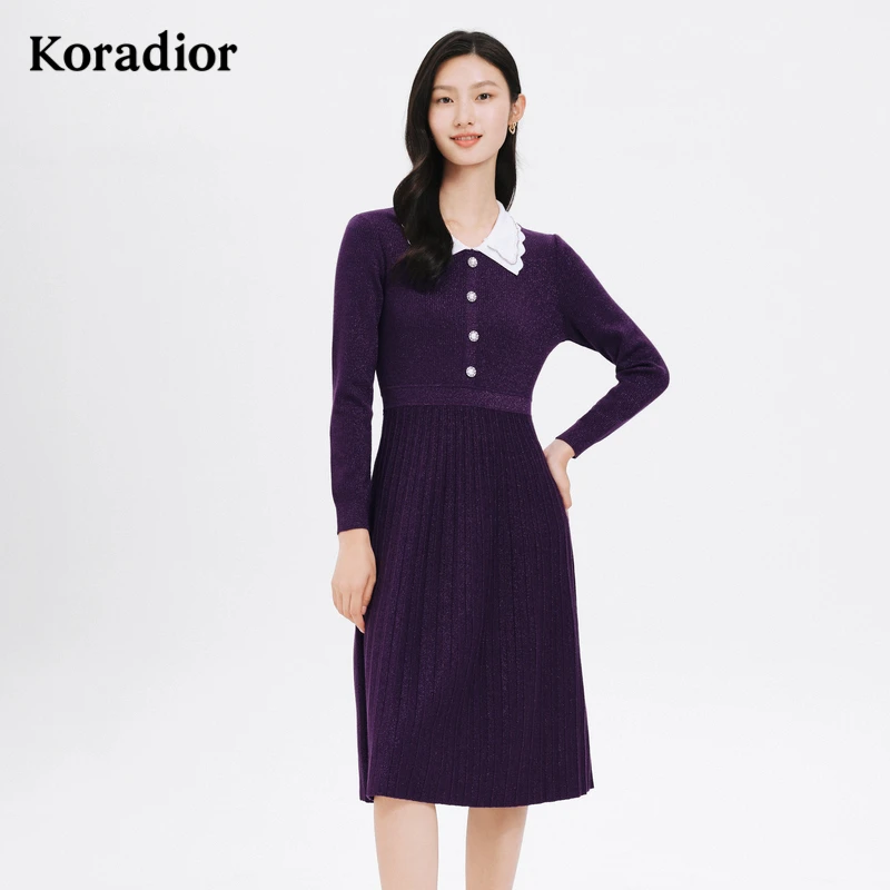 【珂莱蒂尔Koradior】紫色刺绣复古减龄修身羊毛连衣裙KF06416