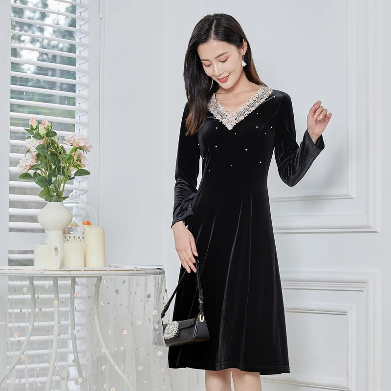 【珂莱蒂尔Koradior】长袖气质时尚丝绒连衣裙女蕾丝裙子KF06161新