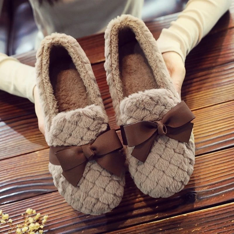 ins豆豆冬季时尚加绒平底脚蹬新款棉鞋甜美蝴蝶结北京毛毛布鞋