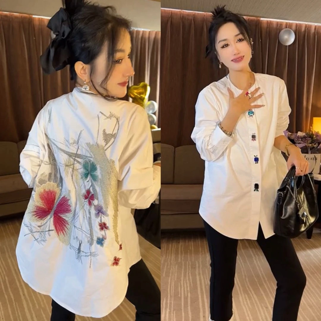 高级感宽松中长款刺绣衬衫女欧洲站2025春秋新款洋气百搭休闲上衣