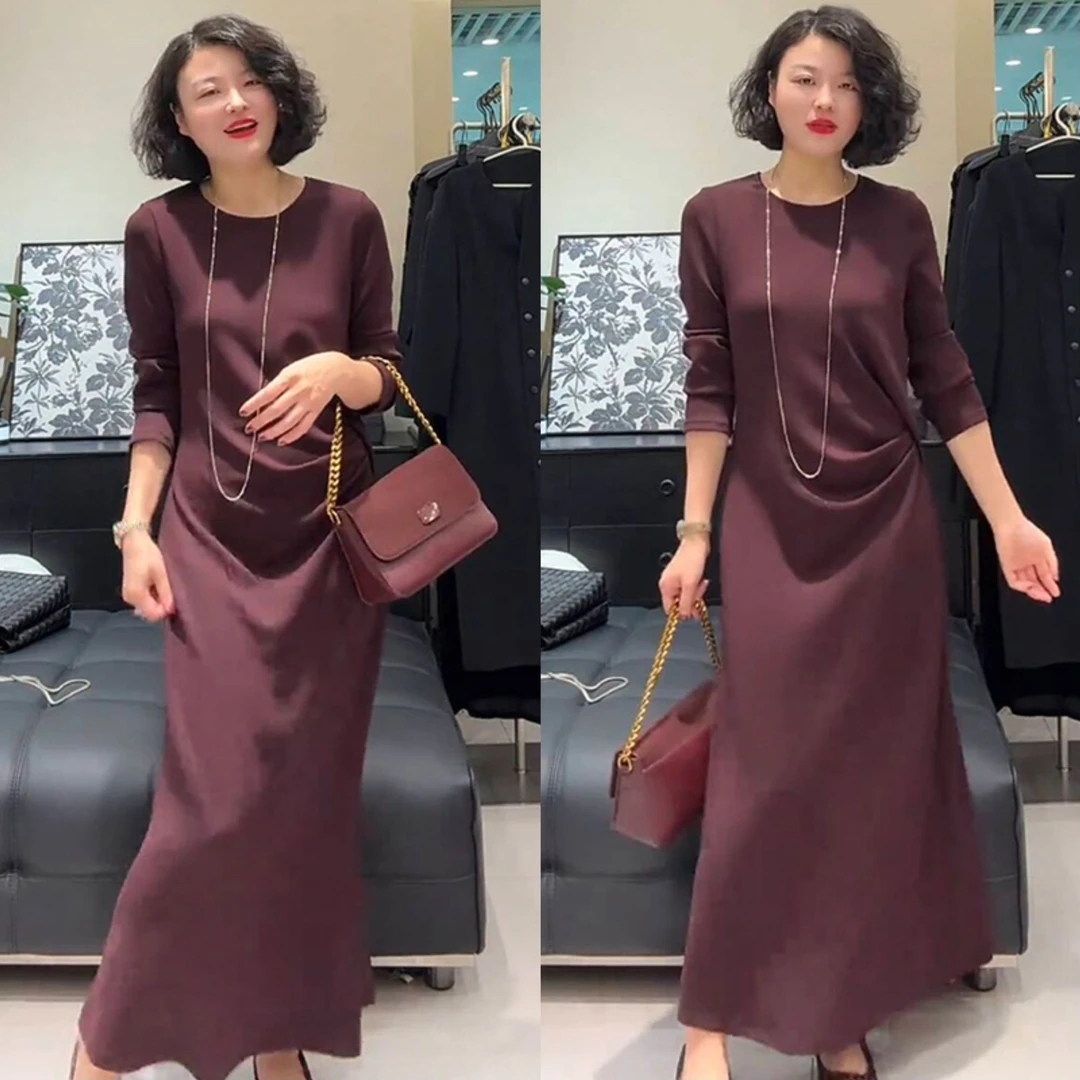 高腰显瘦简约气质大方纯色连衣裙欧洲站2024早秋新款时尚长裙女潮