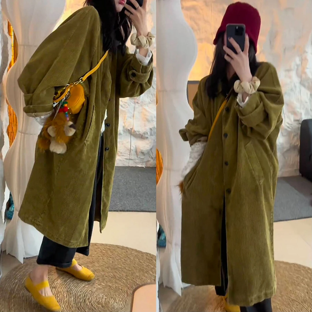 欧货2024秋季新款时髦轻奢宽松别致灯芯绒长款外套百搭上衣女