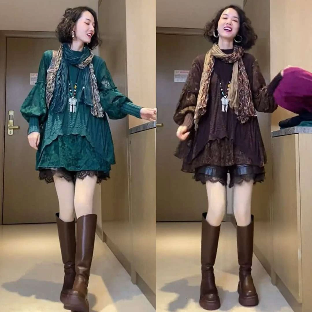 欧洲站2024冬季新款气质宽松拼接蕾丝中长款毛衣百搭减龄针织衫潮