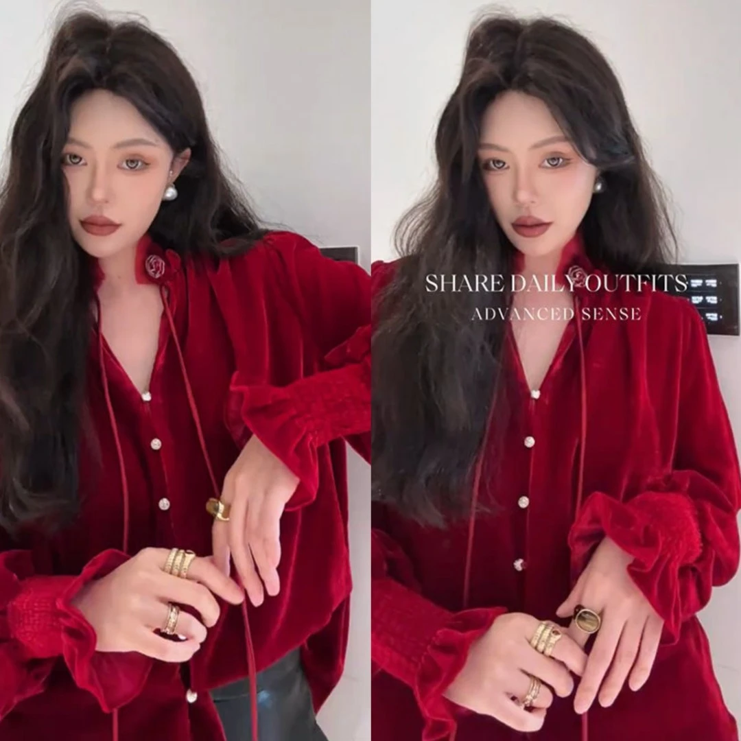 高级感显瘦单排扣丝绒衬衫女欧洲站2025春秋新款百搭纯色上衣潮