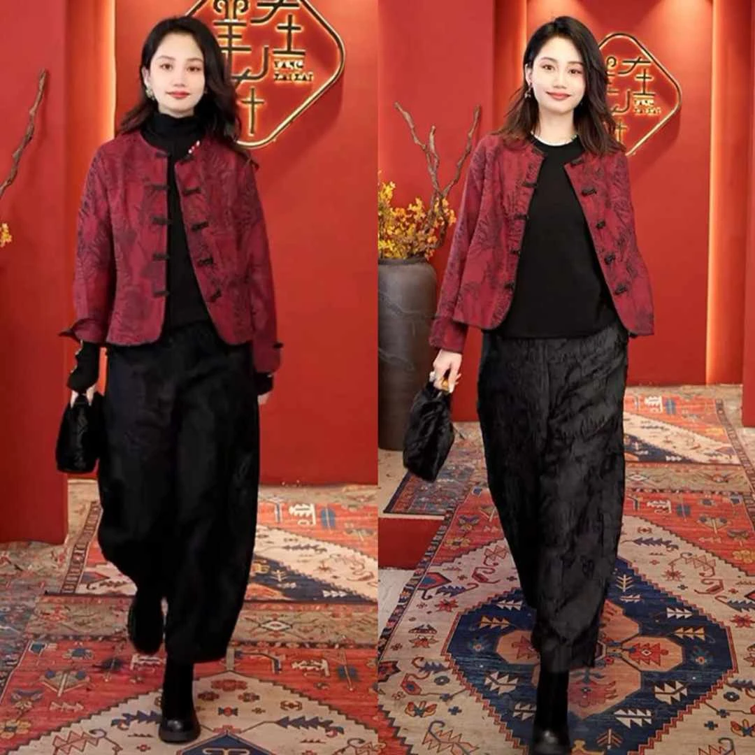 欧洲站2024秋冬新款新中式国风盘扣圆领外套高腰纯色阔腿裤两件套