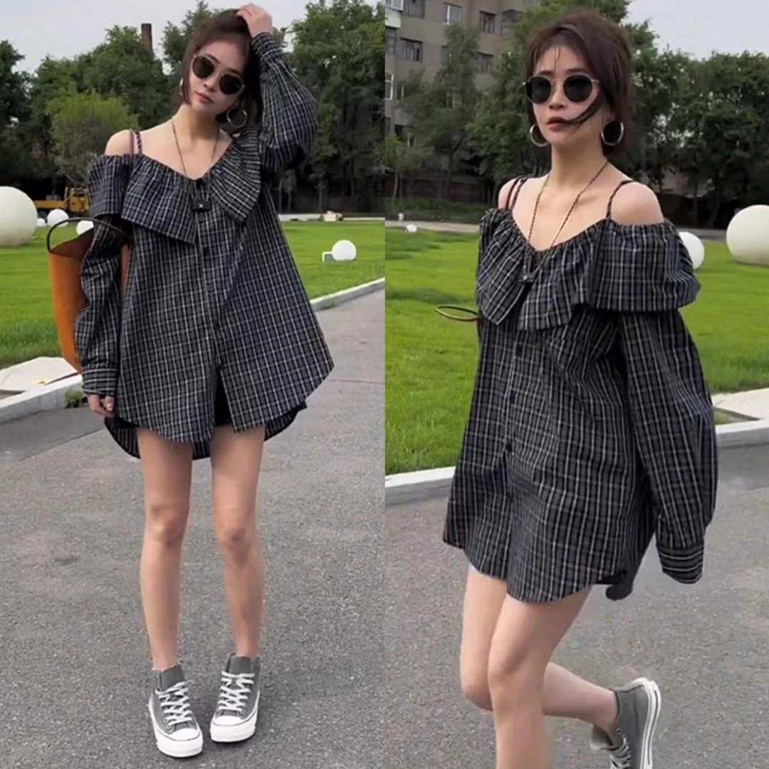 小众设计中长款格子衬衫女欧洲站2024夏季新款气质显瘦露肩上衣潮