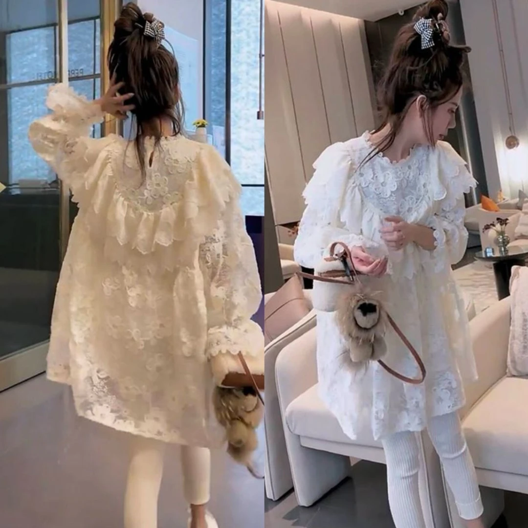 欧洲站2025春秋新款时尚洋气赫本风法式显瘦纯色中长款蕾丝衫女潮