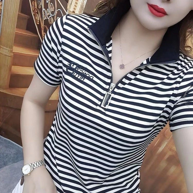 夏季短袖T恤拉链立领条纹显瘦百搭休闲简约时尚洋气半袖小衫