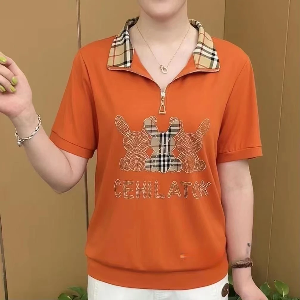 烫钻短袖T恤女士拉链洋气时尚夏季气质宽松显瘦翻领上衣小衫