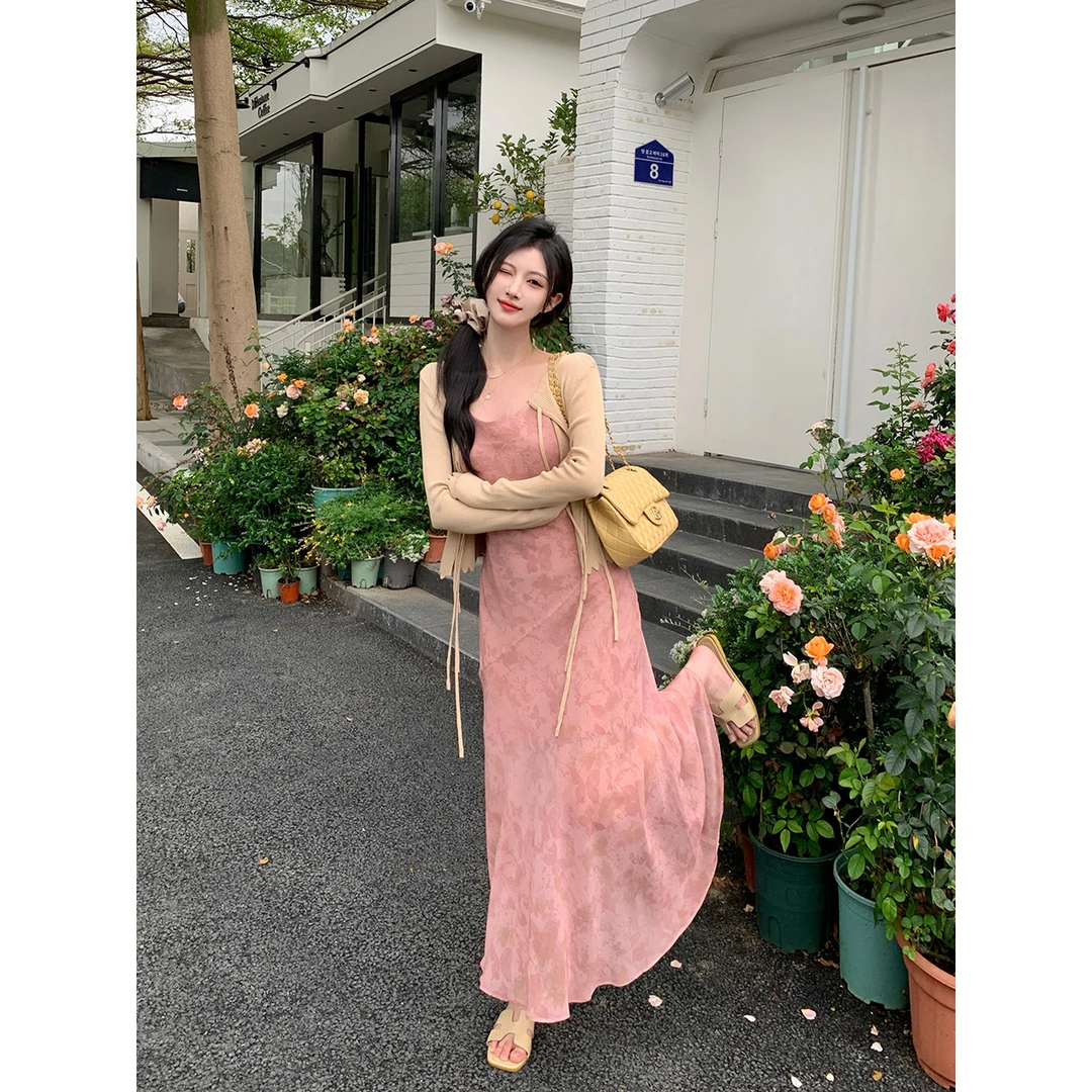 灰粉调小鱼尾拼接吊带碎花连衣裙大码胖MM藏肉显瘦裙子