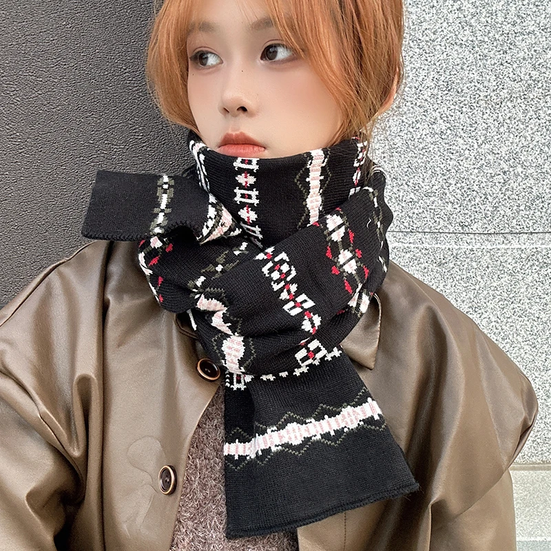 费尔岛风针织围巾冰岛英伦黑色复古北欧学院风秋冬保暖围脖百搭