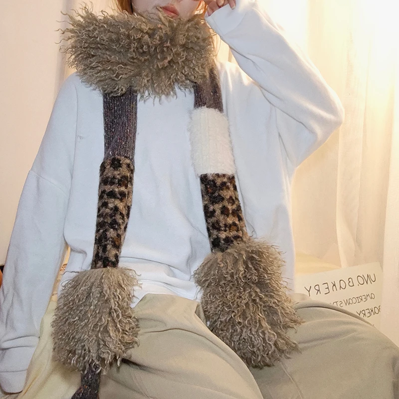 拼色百搭辣妹小众保暖原创设计感针织毛绒长个性豹纹围巾女氛围感