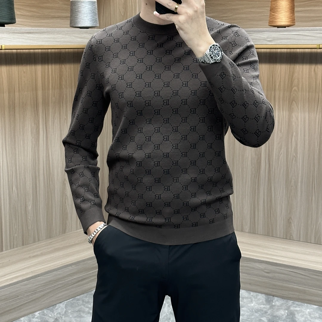 冬季男士针织打底衫字母提花保暖毛衣商务休闲圆领长袖百搭潮流