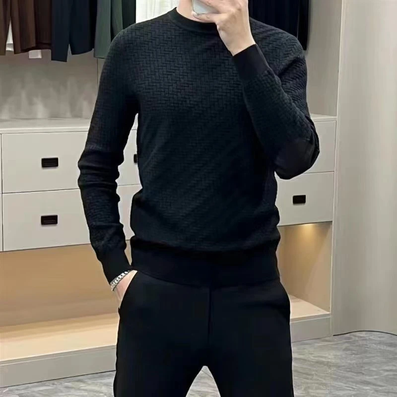 男士圆领针织打底衫轻奢高端毛衣肘部拼接百搭菱形格子时尚百搭潮