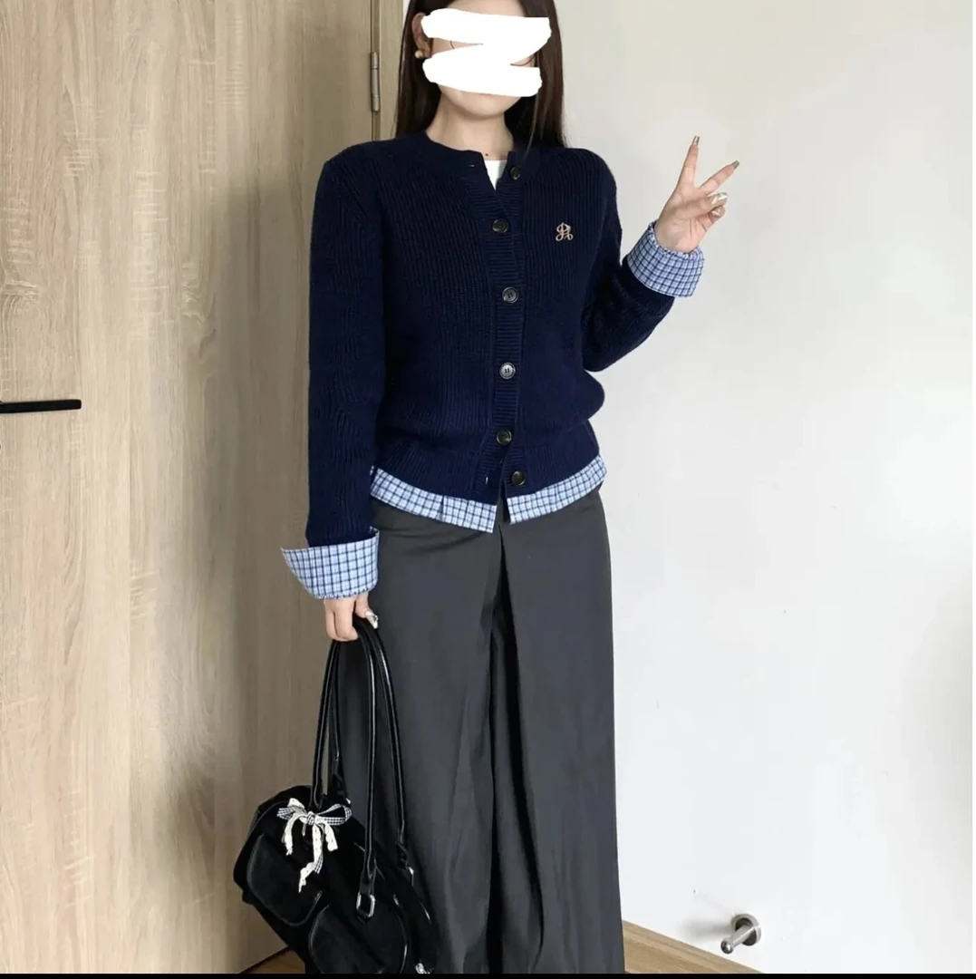 炸街学院风秋冬新款假两件开衫女百搭设计感清冷感拼接毛衣潮1011