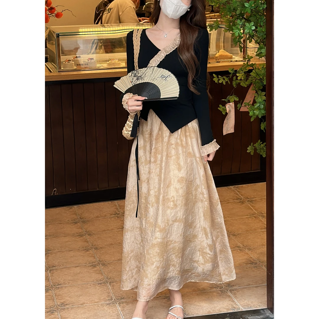 【暮光倾城】春季小香风蕾丝上衣套装设计感新中式国风半身裙两件套