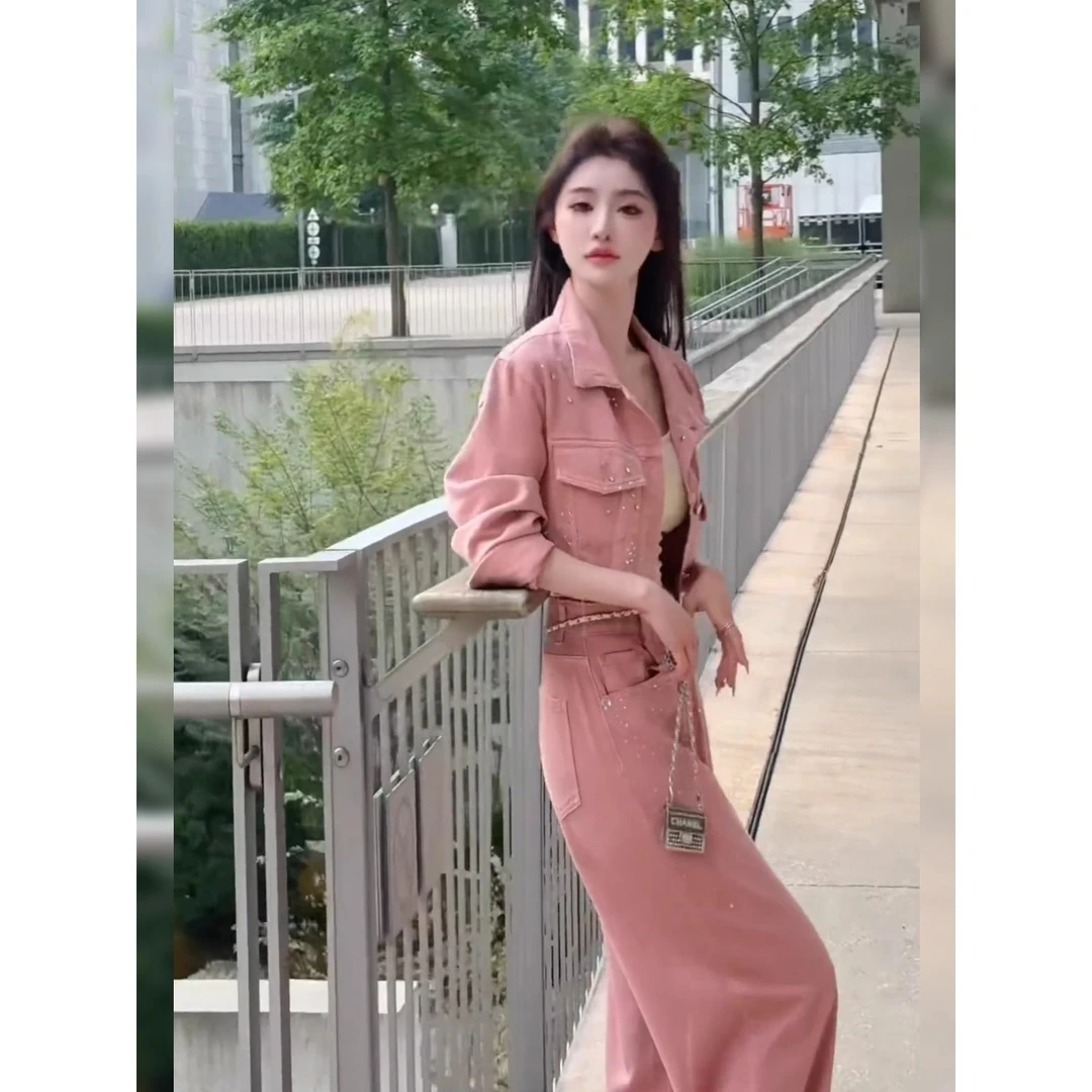 【甜甜生椰】复古闪闪烫钻单排扣短款牛仔外套小个子高腰阔腿裤套装