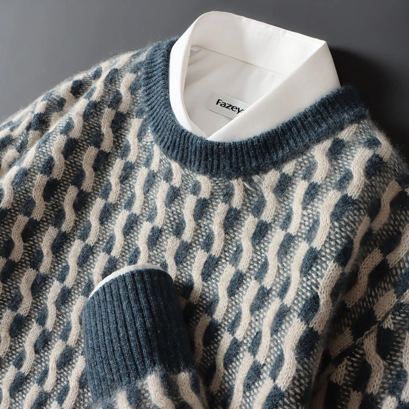 男士纯羊毛衫秋冬新款宽松圆领加厚拼色套头毛衣休闲商务针织打底