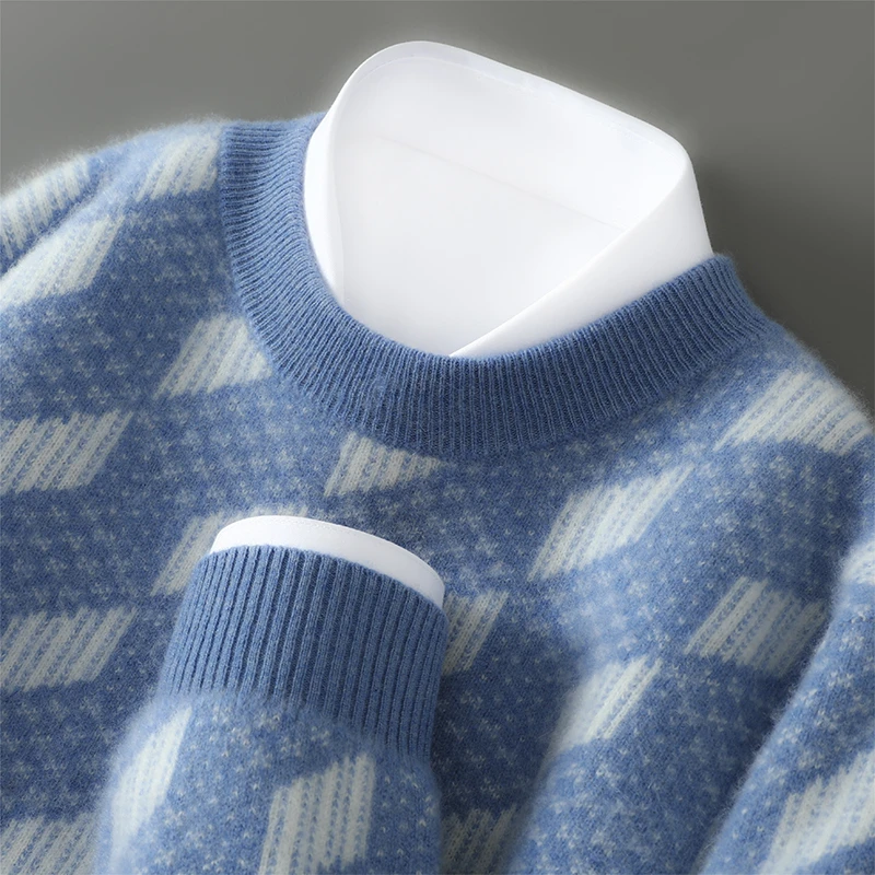 男士纯羊毛衫秋冬新款宽松圆领加厚拼色套头毛衣休闲商务针织打底