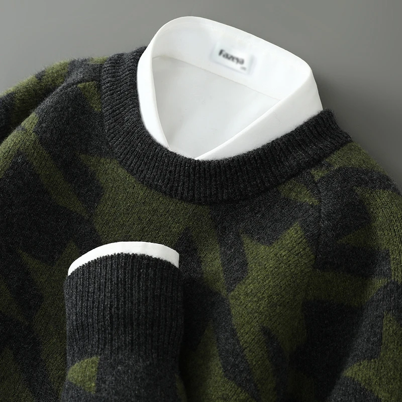 【千鸟格】男士纯羊毛加厚拼色宽松圆领套头毛衣休闲商务针织打底衫