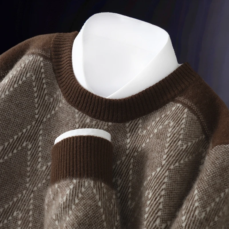 男士纯羊毛衫24秋冬新款宽松圆领拼色套头毛衣休闲商务针织打底衫