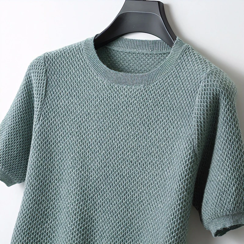 【羊毛短袖】男士纯羊毛衫纯色套头圆领短袖毛衣百搭休闲针织半袖