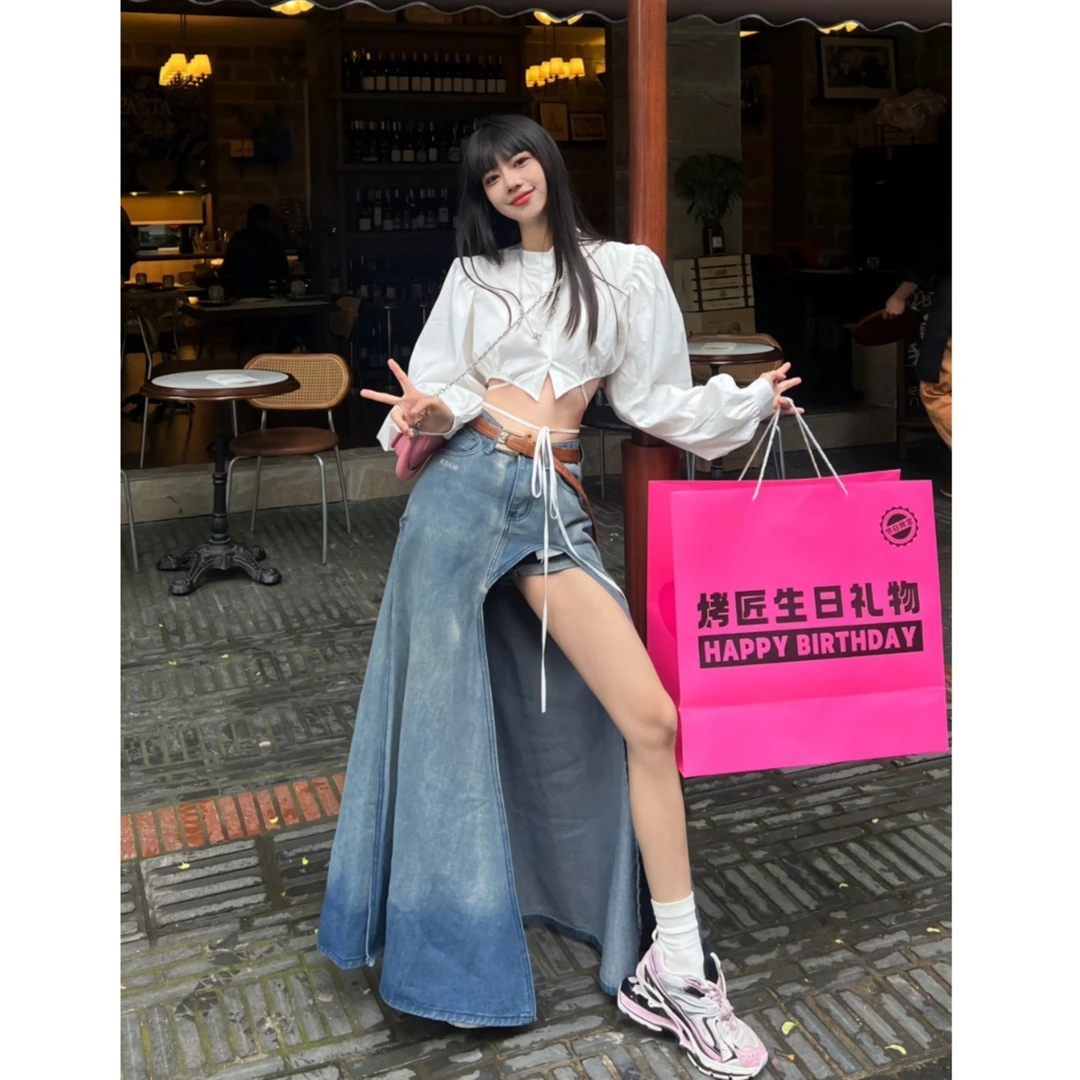 临典高开叉牛仔伞裙女夏季新款美式设计感小众不规则甜辣妹长裙子