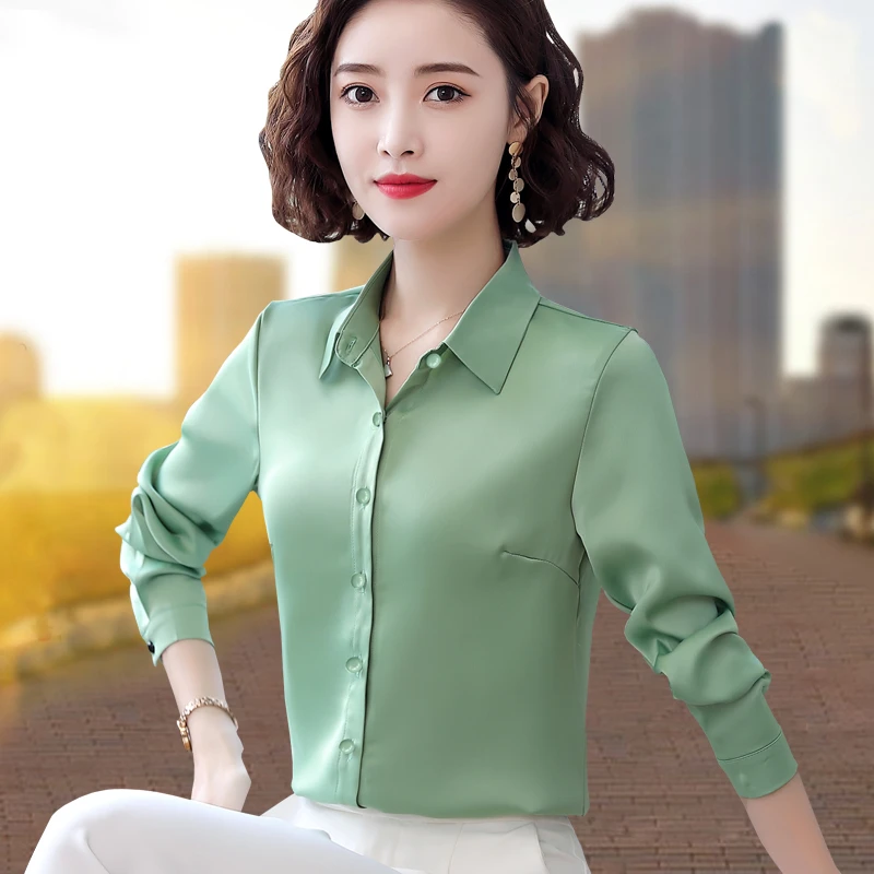 缎面衬衫女长袖上衣春秋季新款时尚高端气质洋气内搭纯色打底衬衣