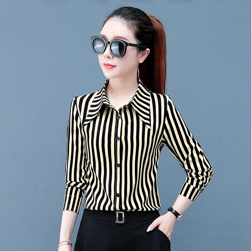 条纹雪纺衬衫女长袖上衣春秋季新款气质时尚洋气显瘦打底衬衣百搭