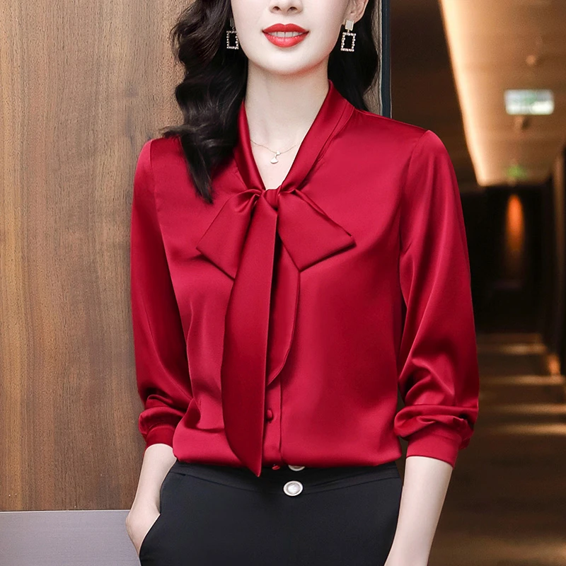 飘带蝴蝶结缎面衬衫女长袖上衣洋气质春秋季新款职业时尚红色衬衣